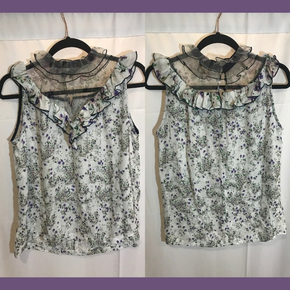 NEW ROSEanna Floral Ruffle Sleeveless Blouse Top in White/ Purple‎ [SZ 36 ]